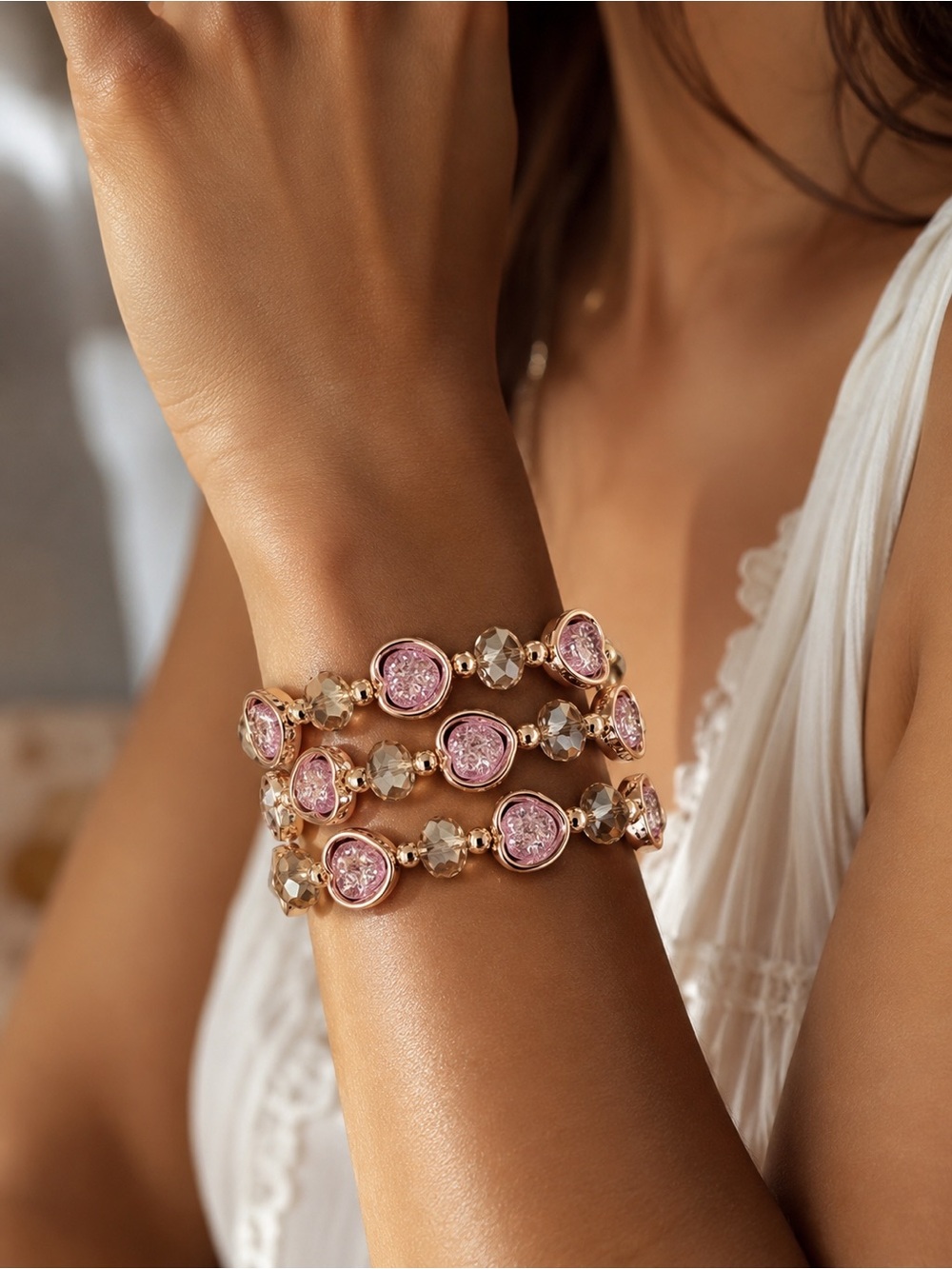 Set of 3 Rose Gold Pink Heart Link Bracelet – Elegant Women’s Jewelry